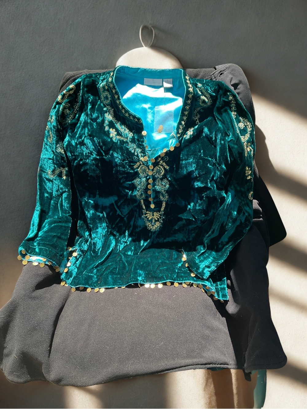 Soft Surroundings Teal Velvet Tunic with Gold Coin Trim